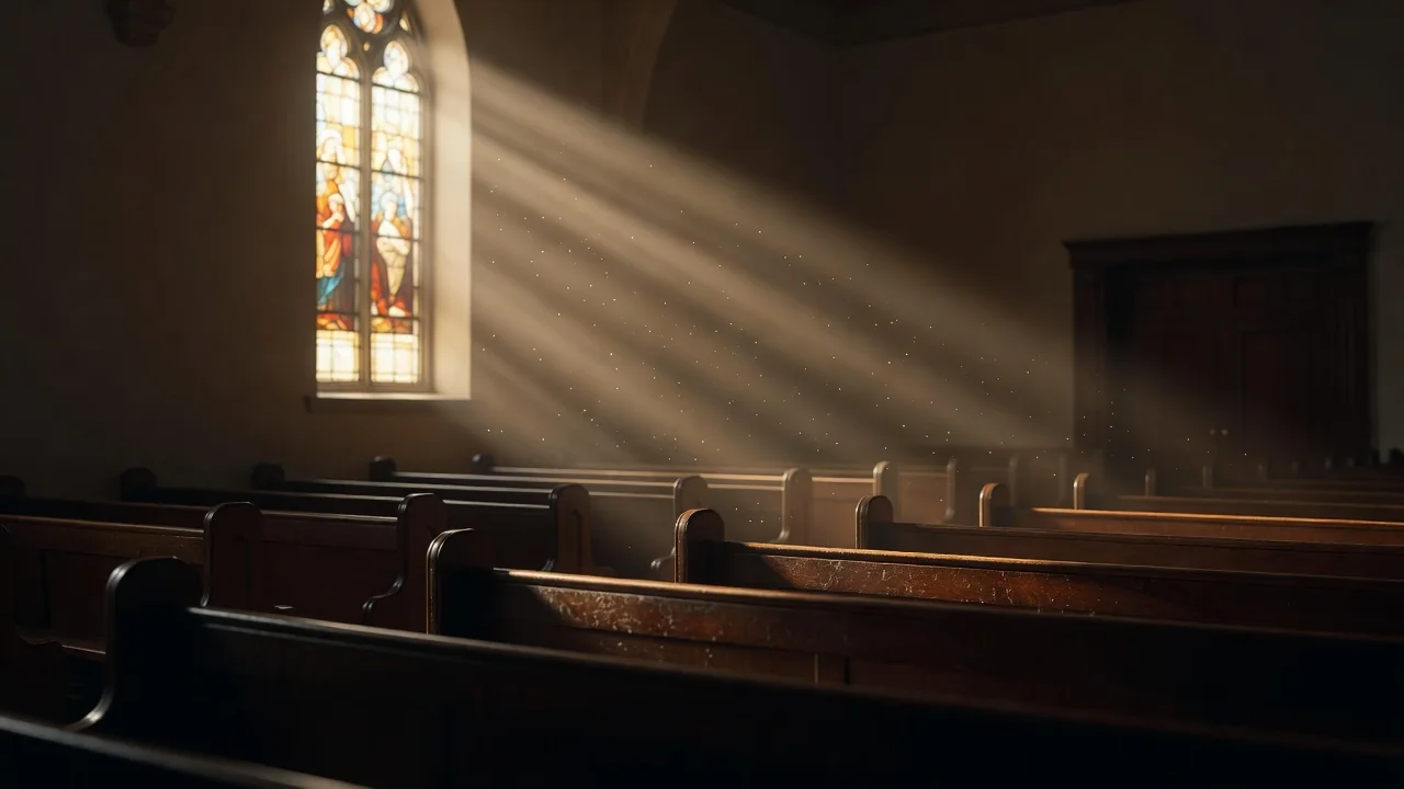 Rayos de sol entrando por la ventana de una iglesia sobre los bancos de madera