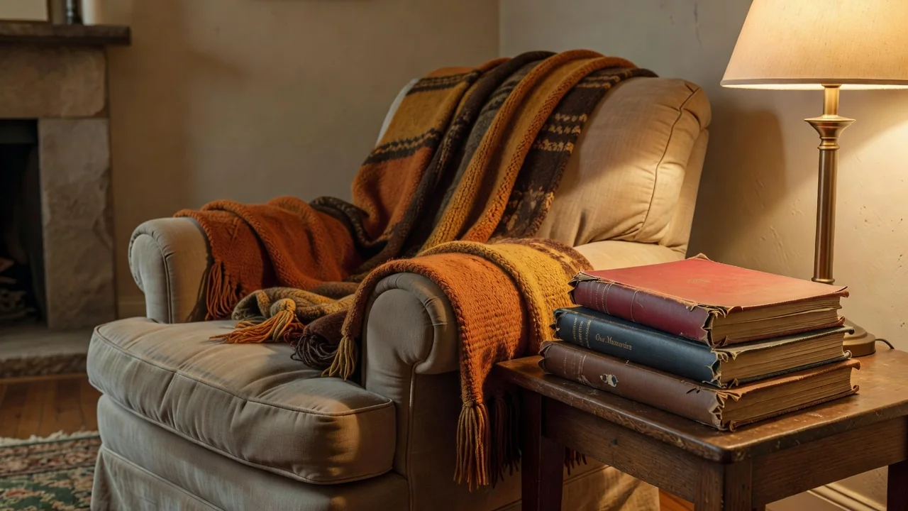 Rincón acogedor del hogar con una manta, libros familiares y luz cálida