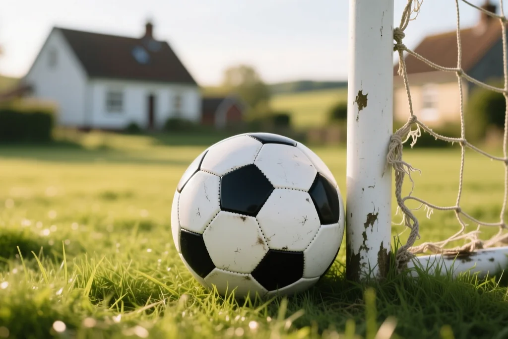 Balón de cuero desgastado apoyado en la base de una portería pequeña de un campo de pueblo