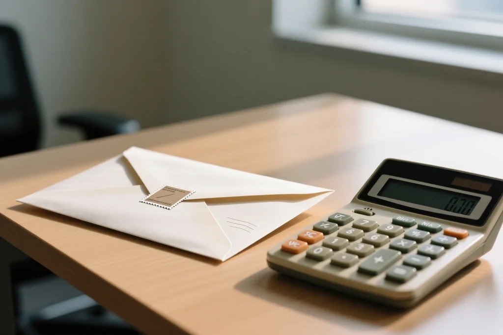 Sobre cerrado y un sello sobre una mesa junto a una calculadora de mano