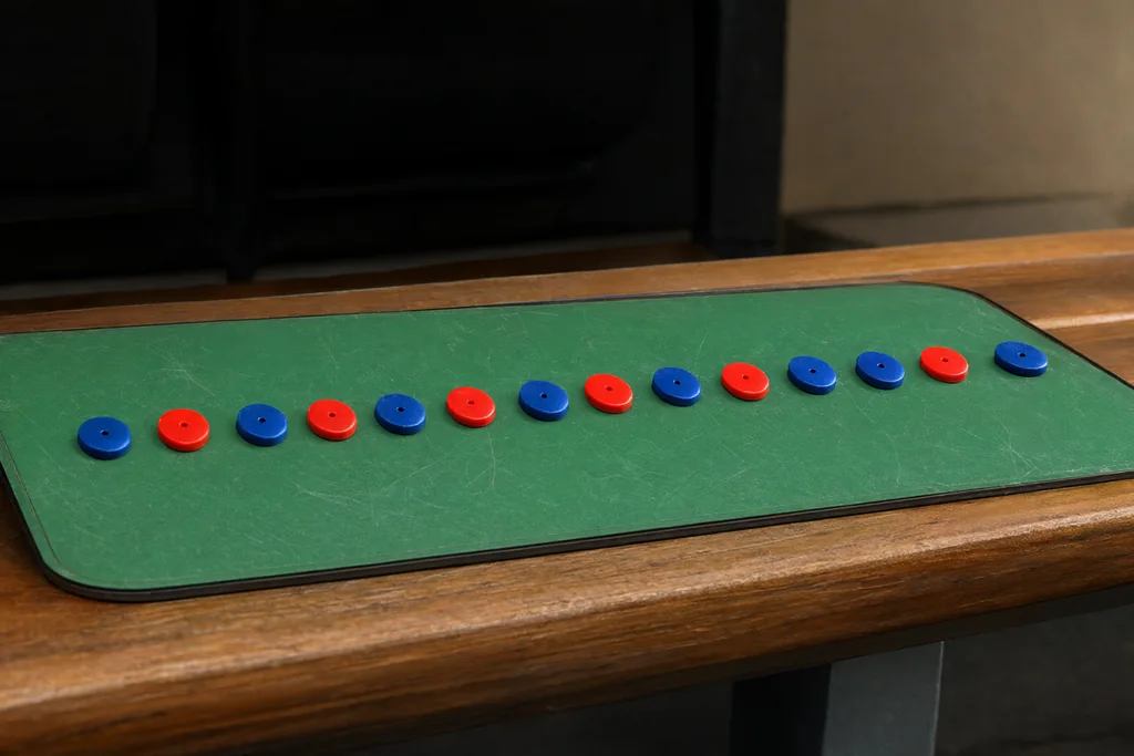 Pizarra táctica verde con imanes azules y rojos sobre un banquillo de estadio vacío