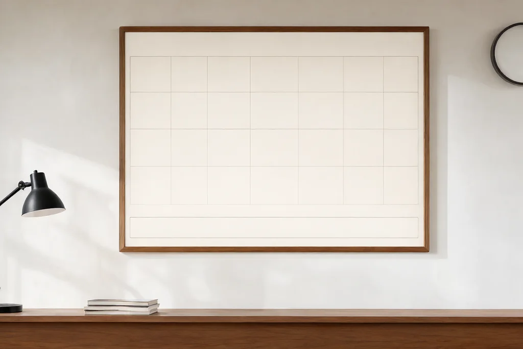 Panel de calendario de pared con casillas vacías sobre una mesa de oficina