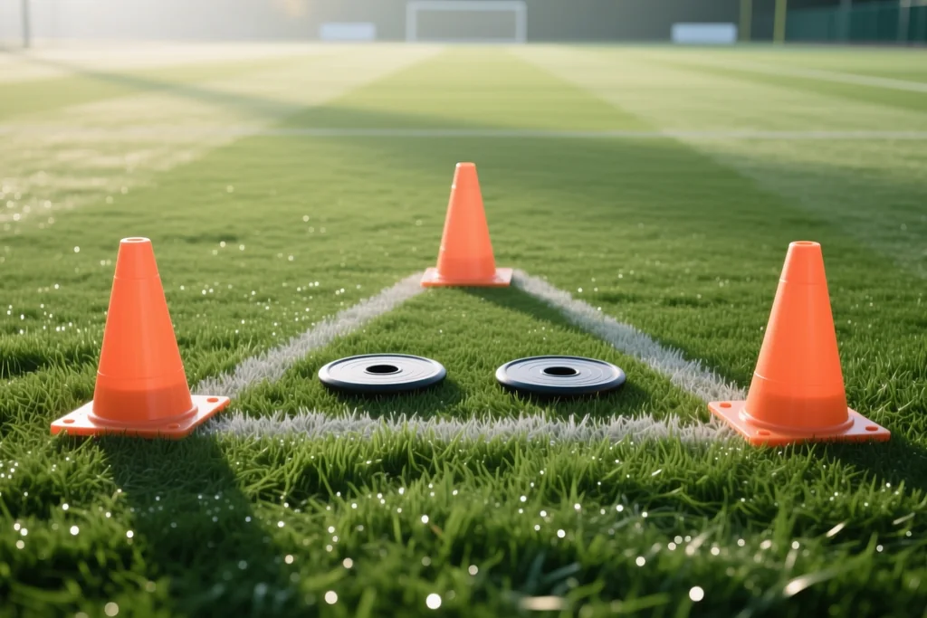 Conos y discos de entrenamiento en formación triangular sobre la hierba