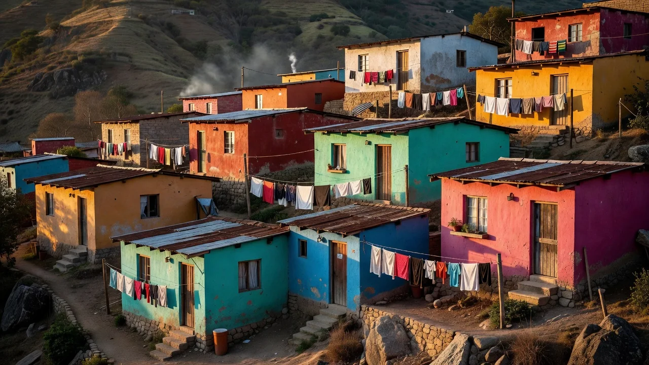 Casas modestas de colores en una ladera latinoamericana al atardecer