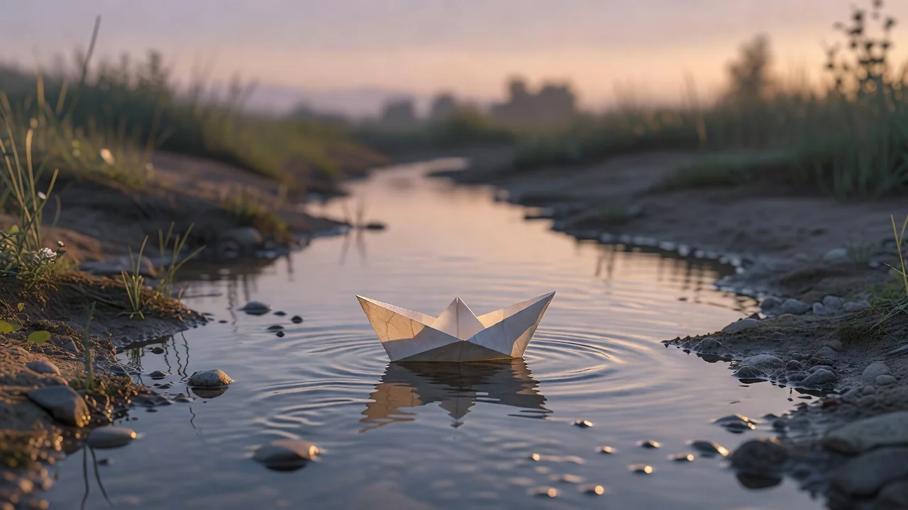 Un pequeño barco de papel sobre un arroyo al anochecer