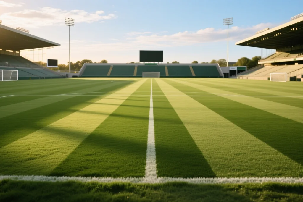 Patrón de corte del césped en el campo vacío de un estadio visto desde la banda