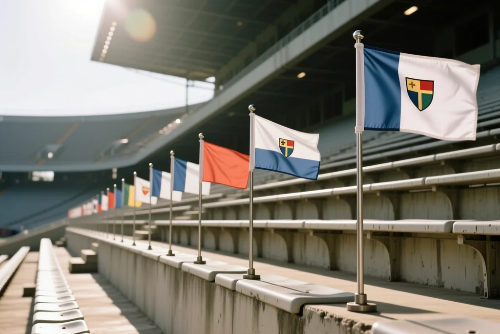 Banderas en mástiles cortos sobre una grada de estadio vacía