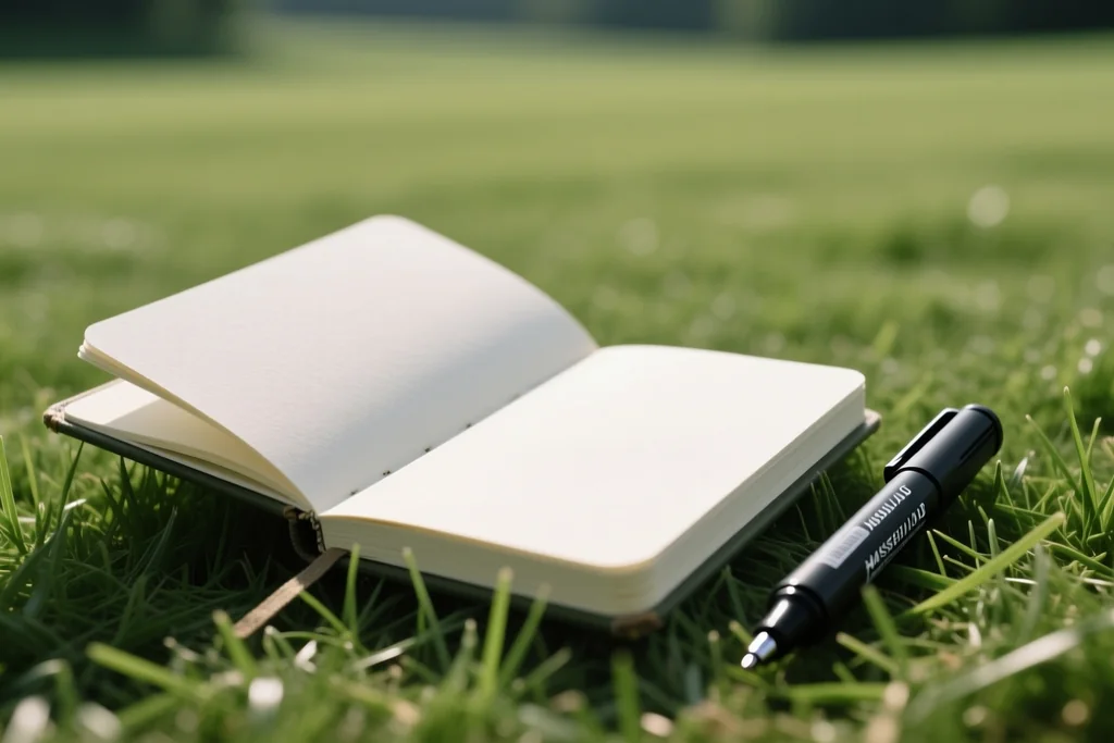 Cuaderno táctico abierto en blanco sobre la hierba junto a un rotulador
