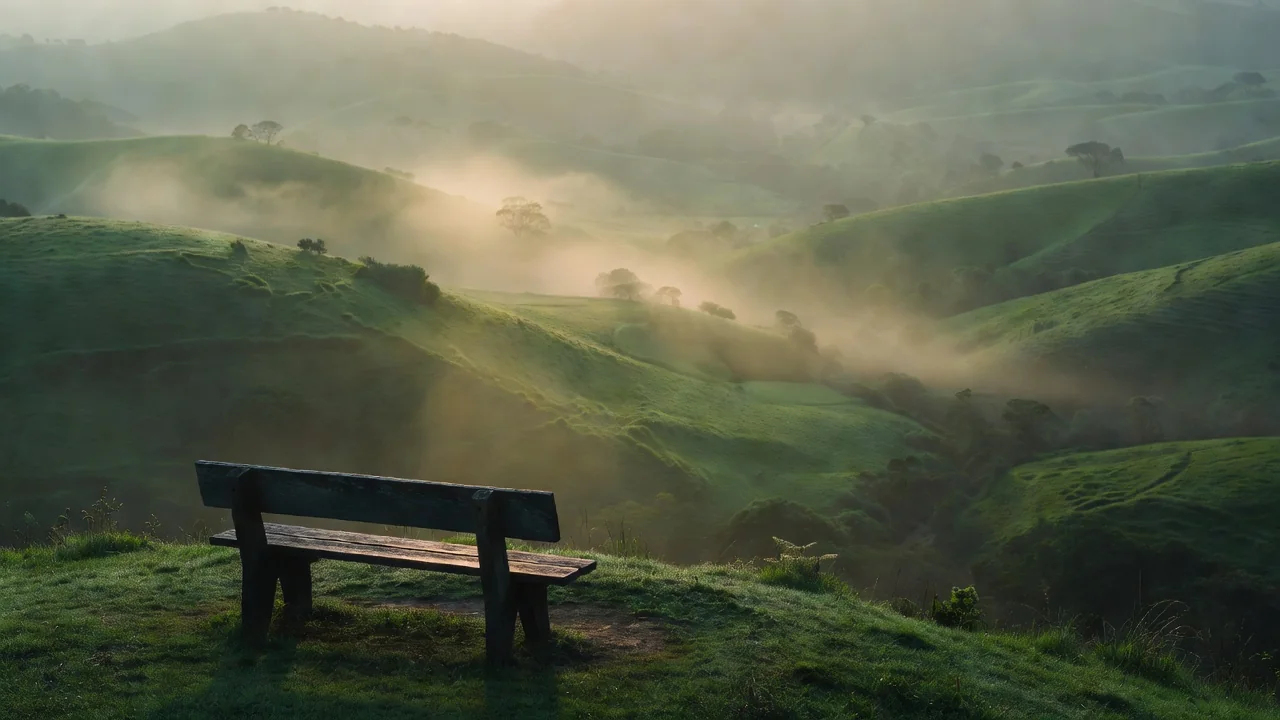Amanecer con niebla sobre colinas verdes y un banco de madera frente al valle