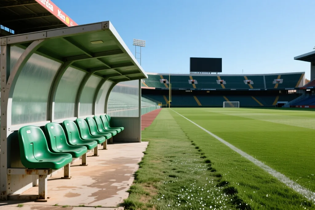 Banquillo de estadio vacío con asientos de plástico a pie de campo