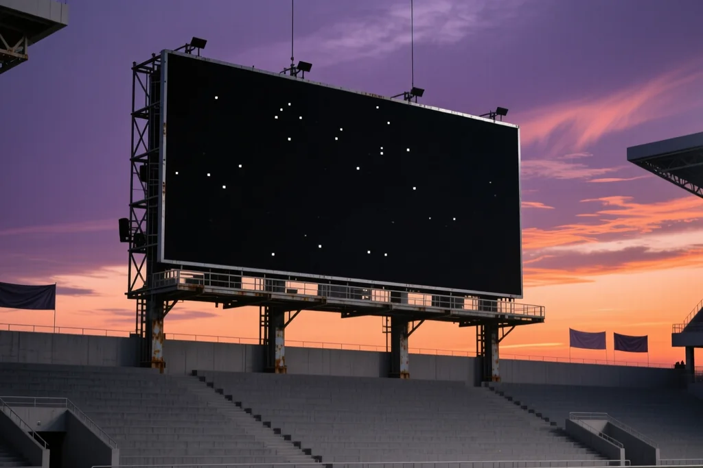 Marcador de estadio apagado sobre el césped vacío al atardecer