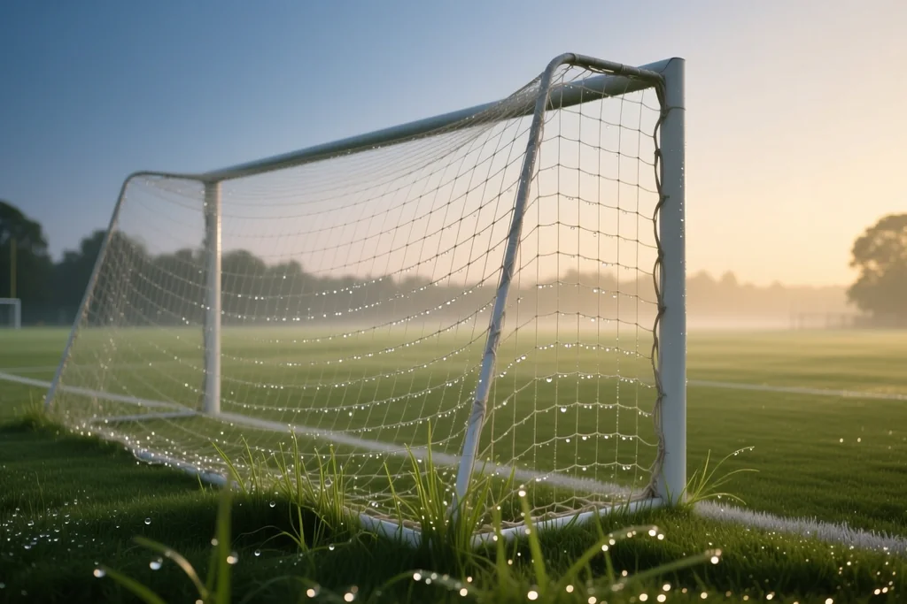 Red de portería vacía en un campo de entrenamiento al amanecer