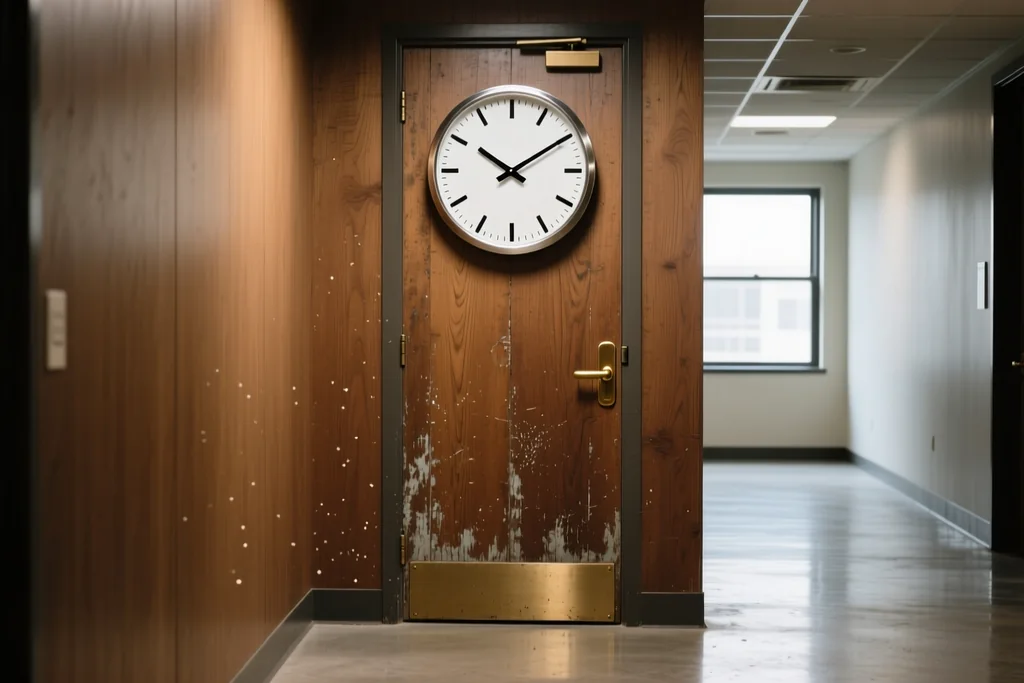 Reloj de pared sobre la puerta de la oficina de un club deportivo
