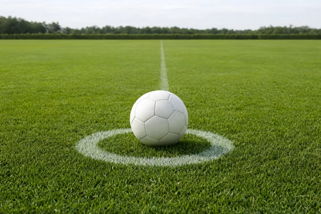 Balón sobre el césped en el centro del campo de un estadio vacío