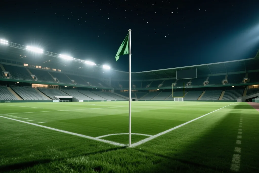 Césped de estadio bajo focos visto desde el banderín de córner