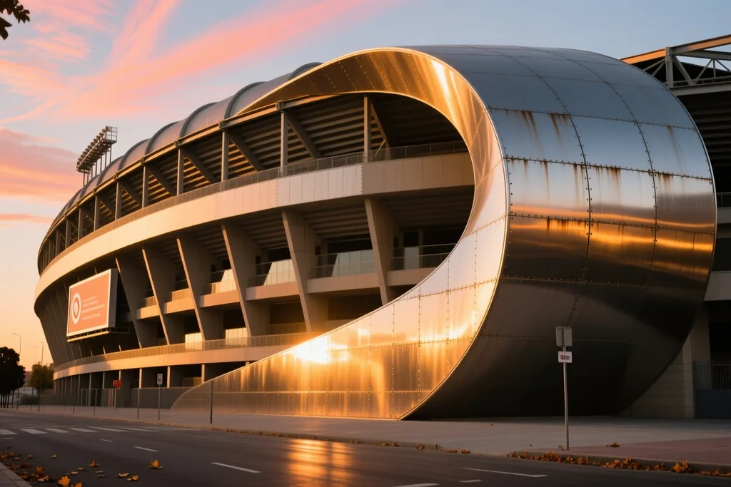 Exterior del estadio Santiago Bernabéu visto desde la calle al atardecer