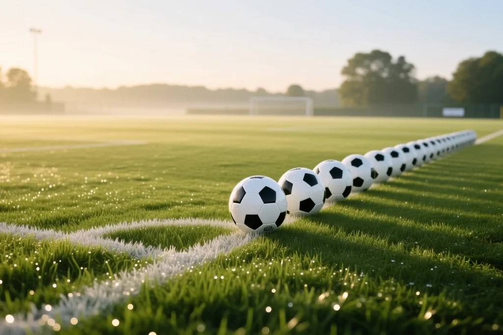Campo de entrenamiento de hierba recién cortada con conos amarillos