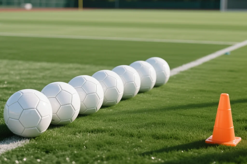 Balones de entrenamiento alineados junto a la banda de un campo