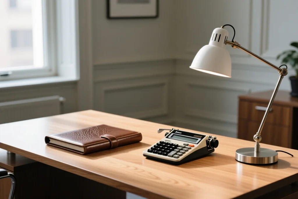 Oficina de un club con archivadores y una calculadora sobre la mesa