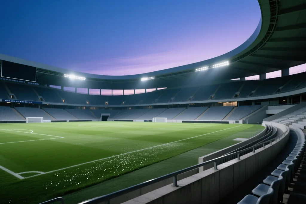 Estadio europeo vacío con las gradas en tonos claros al anochecer