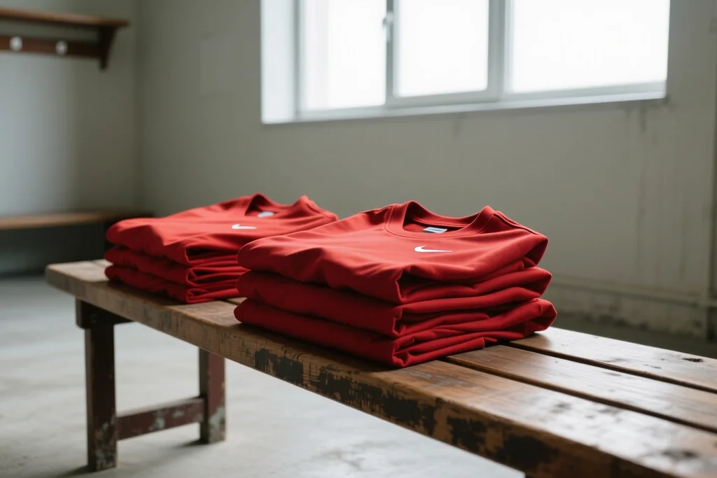 Camisetas rojas de entrenamiento dobladas sobre un banquillo vacío
