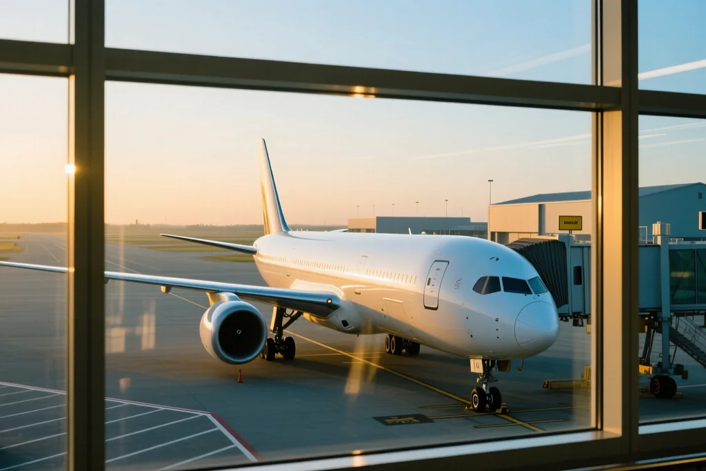 Avión de línea rodando en pista al amanecer visto desde la terminal